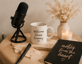 Welcome to Granny's House podcast microphone and signature merch