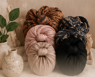 Hands holding a folded luxury turban from the Krowns by Mahogany collection