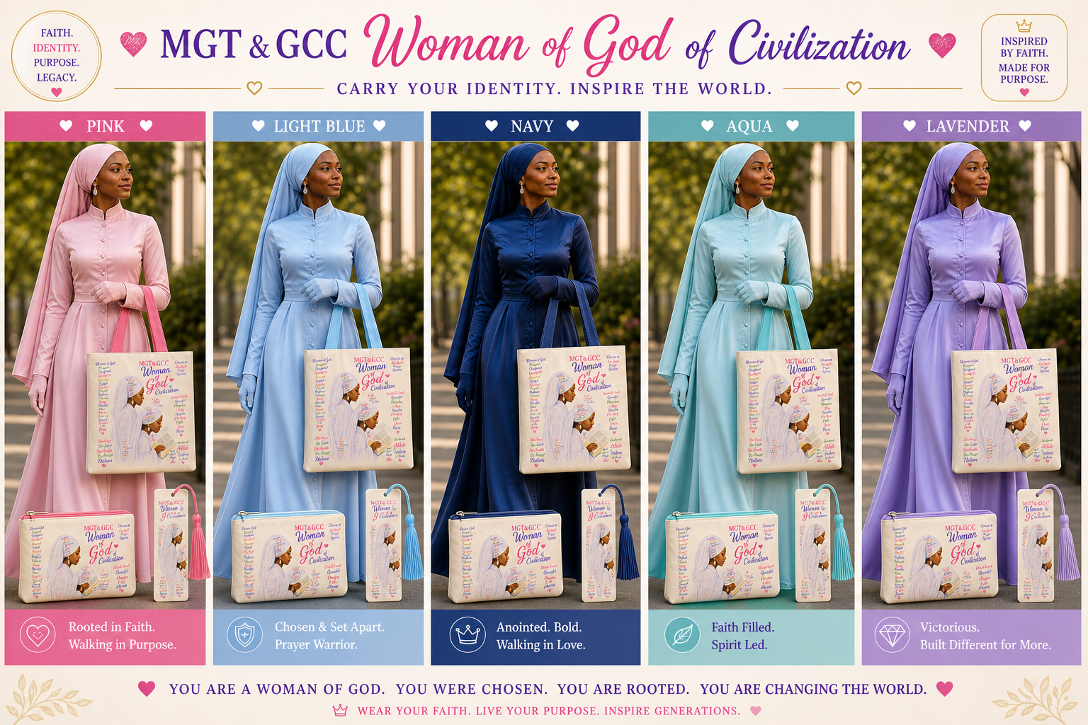 Woman of God tote bag available in pink, light blue, navy, aqua, and lavender