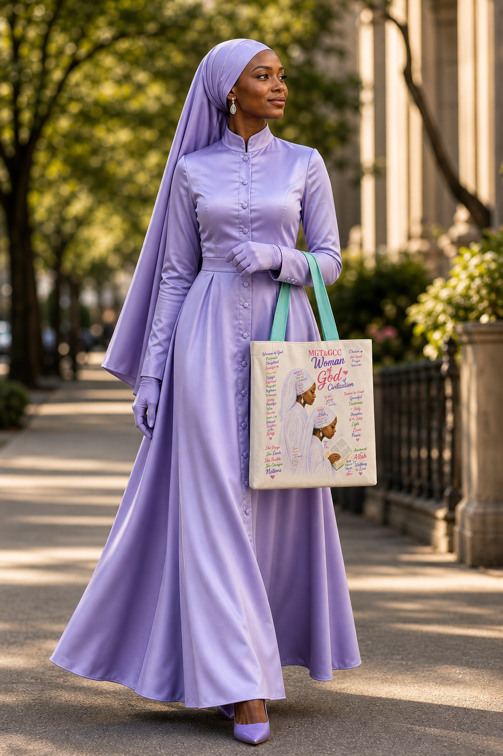 Woman dressed in lavender carrying the Woman of God tote with aqua straps